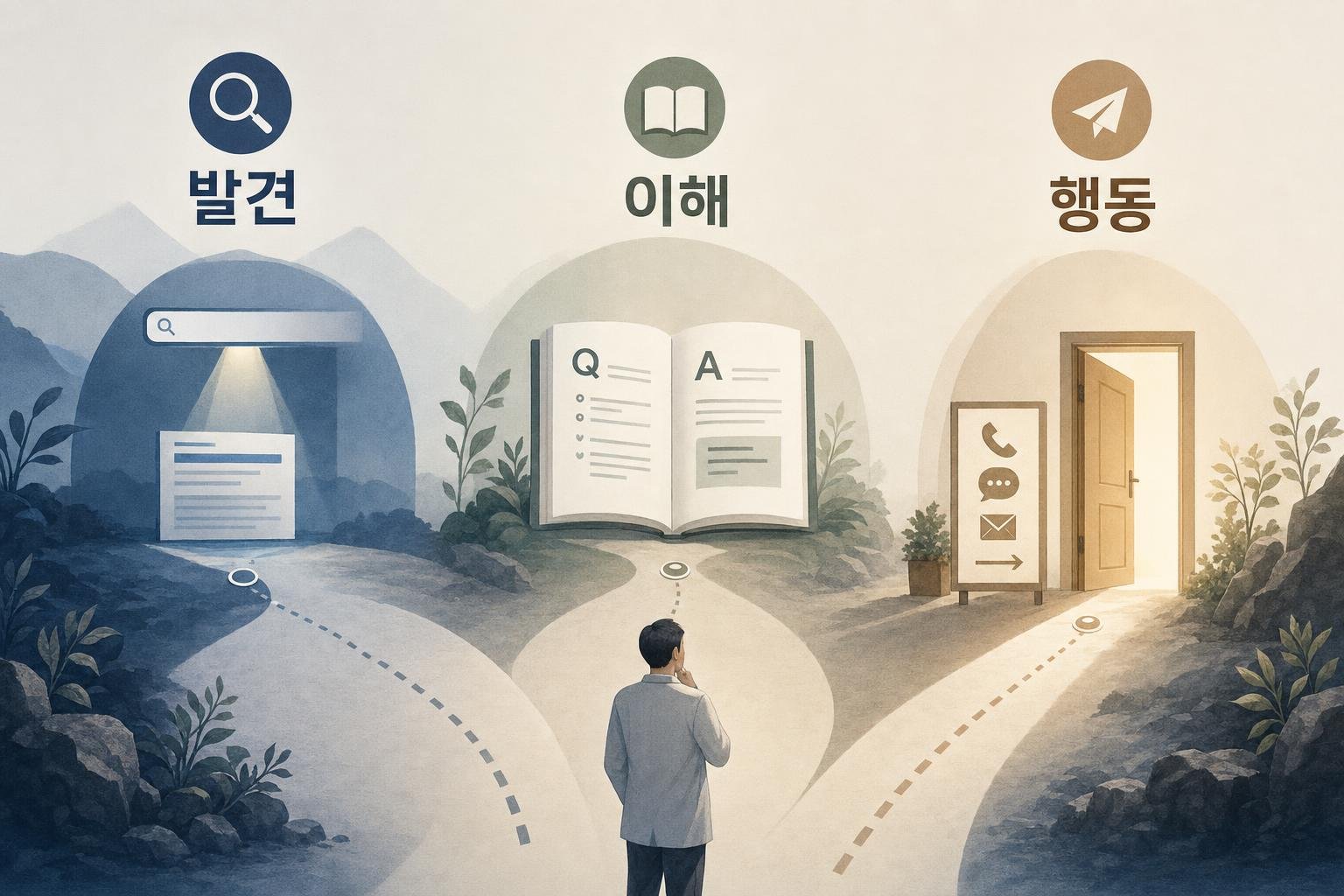 검색에서 발견되는지, 본문이 질문에 답하는지, 문의 방법이 분명한지를 각각 확인하는 설명 도표