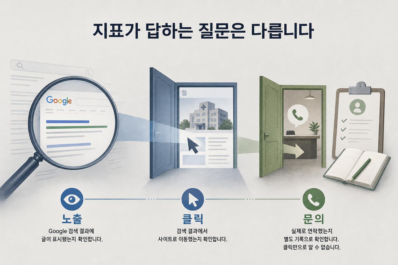 노출은 검색에서 표시됐는지, 클릭은 사이트로 이동했는지, 문의는 실제 연락했는지를 나타내며 별도 측정이 필요하다는 도표