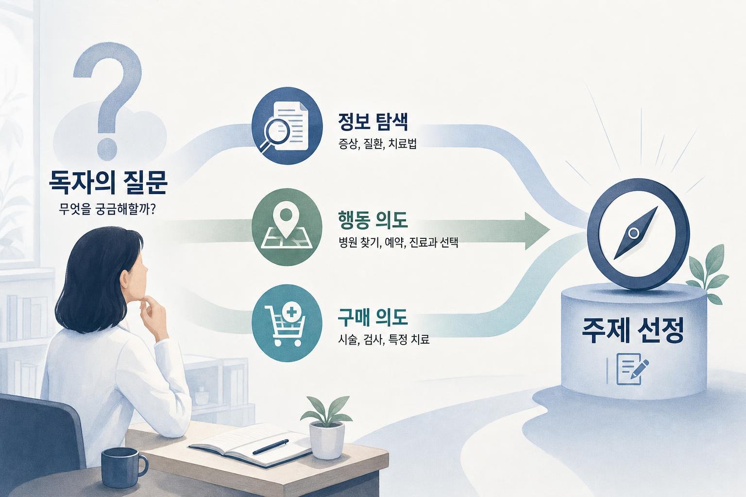 독자 검색 의도 파악 흐름도: 독자의 질문 → 정보 탐색, 행동 의도, 구매 의도 → 주제 선정