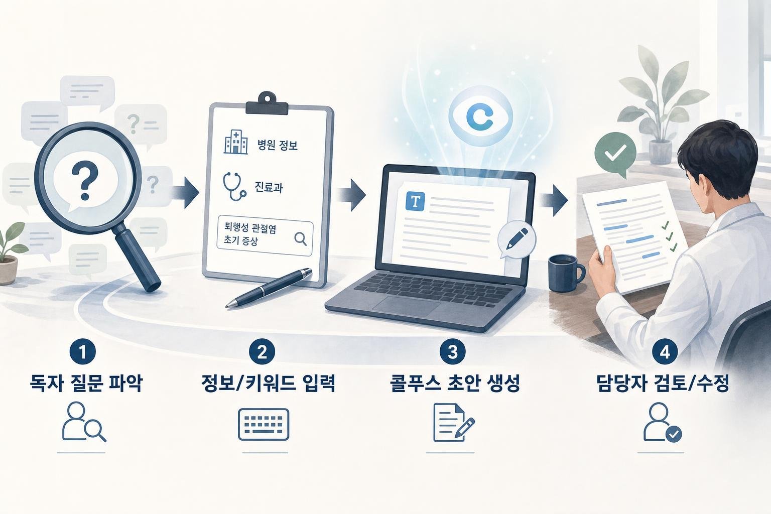 콜푸스 활용 초안 생성 흐름도: 독자 질문 파악 → 병원 정보/키워드 입력 → 콜푸스 초안 생성 → 담당자 검토 및 수정