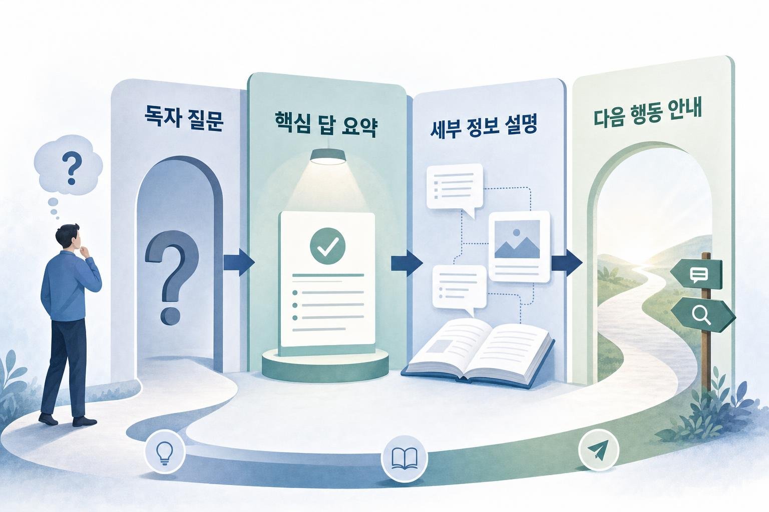 독자가 콘텐츠를 이해하는 과정을 보여주는 흐름도. '독자 질문'에서 시작하여 '핵심 답 요약', '세부 정보 설명', '다음 행동 안내'로 이어진다.
