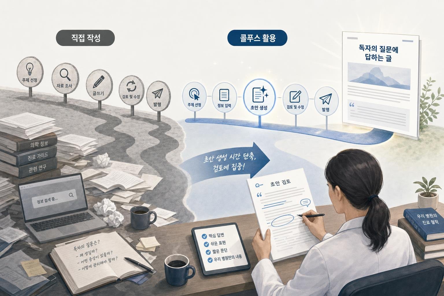콘텐츠 제작 과정에서 직접 작성과 콜푸스 활용 방식의 차이를 비교하는 도표. 콜푸스 활용 시 초안 생성과 검토 단계를 거친다.