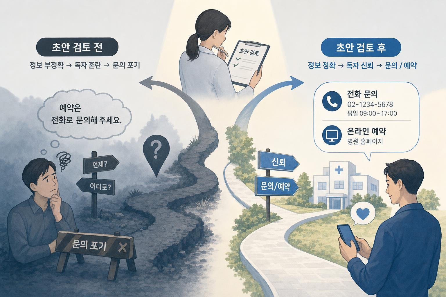 초안 검토 후 독자가 정확한 정보를 얻고 병원에 문의하는 흐름도. '초안 검토 전'에는 불확실한 정보로 인해 독자가 혼란을 겪고 문의를 포기할 수 있지만, '초안 검토 후'에는 정확한 정보로 인해 독자가 신뢰를 얻고 문의로 이어질 수 있음을 보여줍니다.