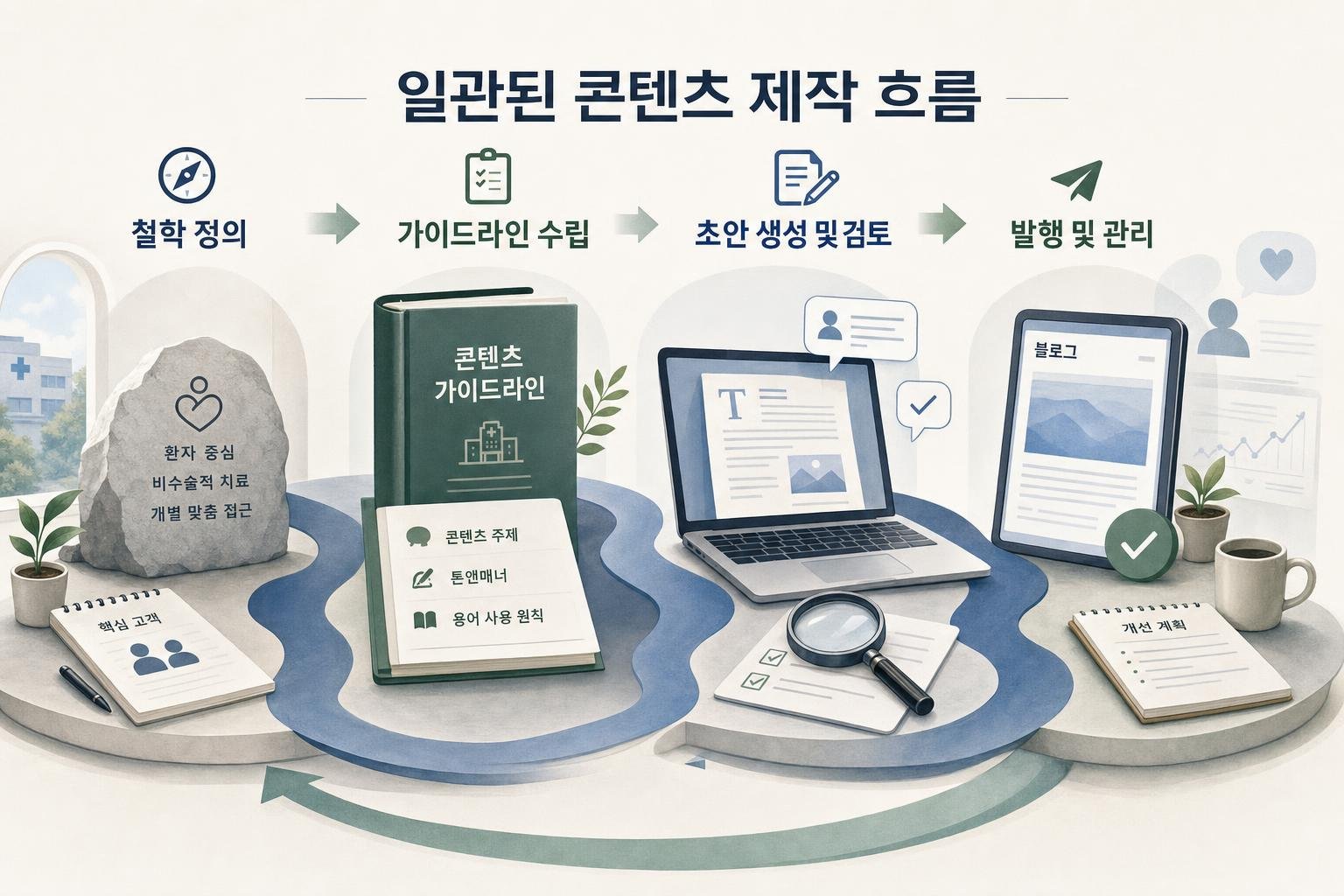 병원 진료 철학 정의, 콘텐츠 가이드라인 수립, 초안 생성 및 검토, 발행 및 관리의 순서로 흐르는 도표