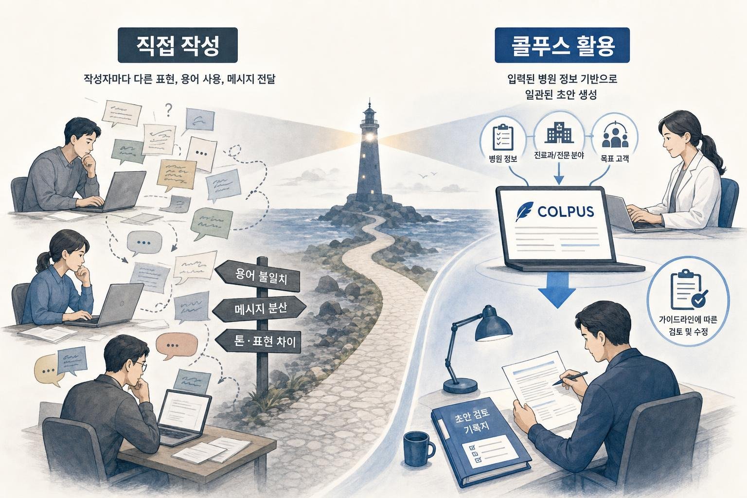 직접 작성 방식과 콜푸스 활용 방식의 콘텐츠 일관성 확보 과정을 비교하는 도표