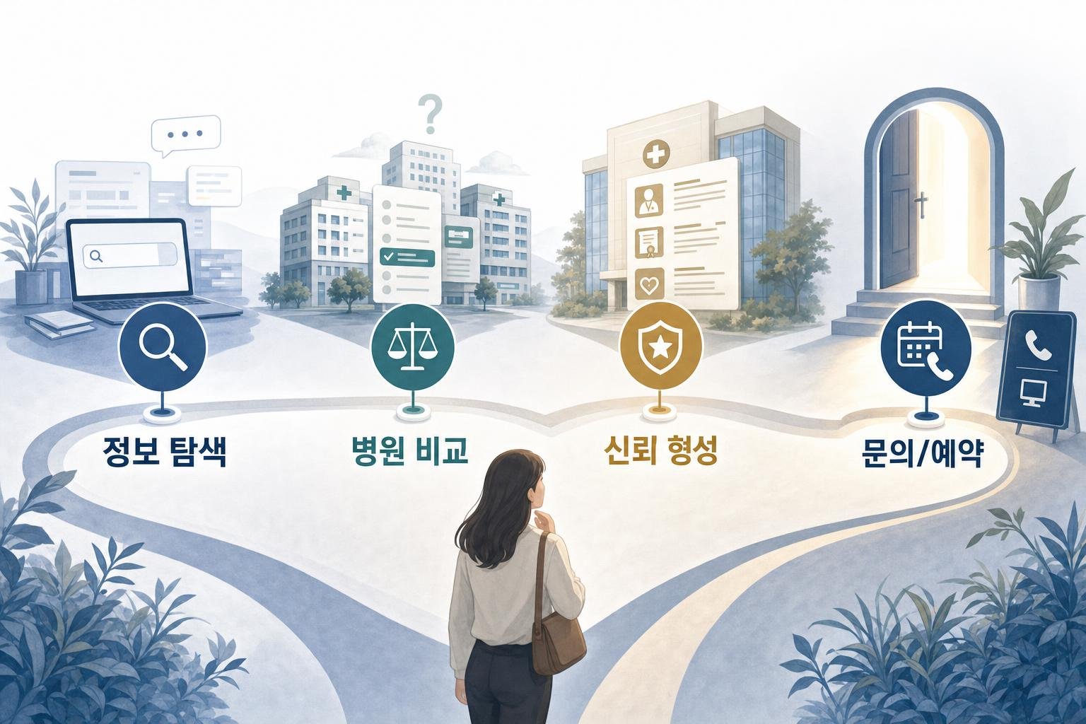독자가 병원 블로그 콘텐츠를 통해 정보를 탐색하고, 신뢰를 형성하며, 최종적으로 문의나 예약으로 이어지는 흐름도