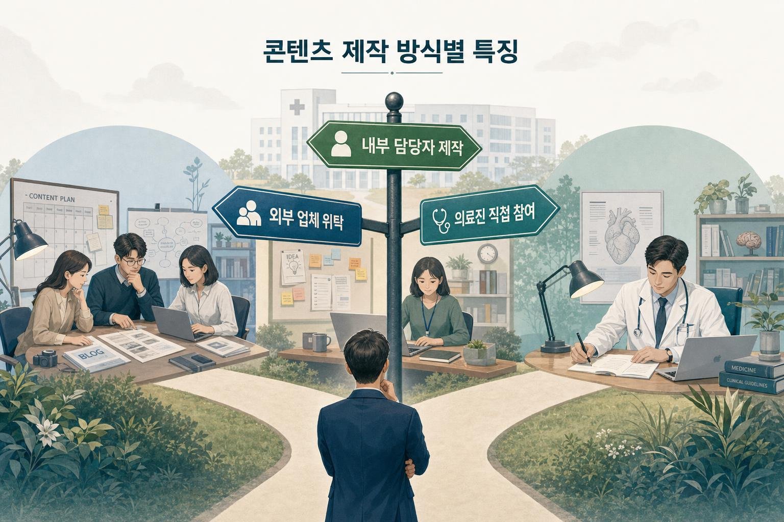 병원 블로그 콘텐츠 제작 방식인 외부 업체 위탁, 내부 담당자 제작, 의료진 직접 참여의 주요 특징을 비교하는 도표