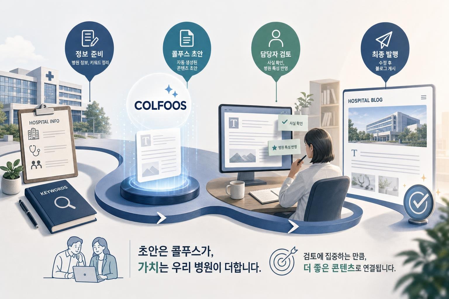 콜푸스를 활용한 병원 블로그 콘텐츠 제작 흐름도. 병원 정보 및 키워드 입력, 콜푸스 초안 생성, 담당자 검토 및 수정, 최종 발행 단계로 구성됨.