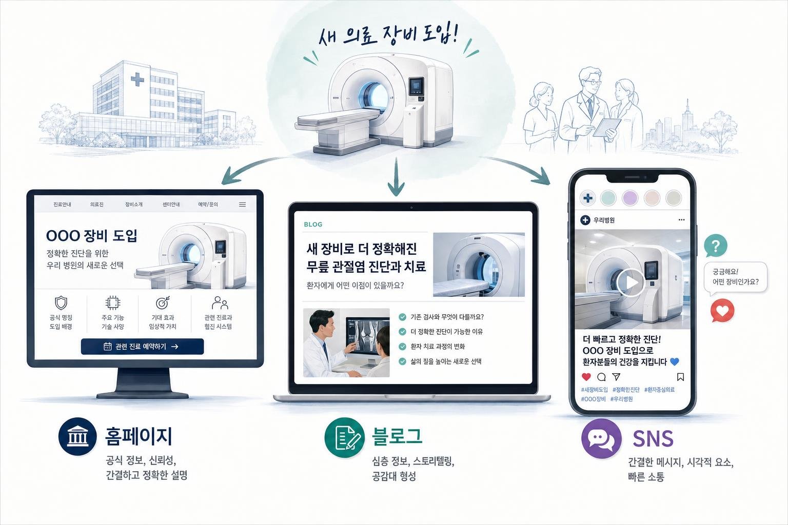 홈페이지, 블로그, SNS 채널별로 같은 병원 소식을 다르게 전달하는 방식 비교 도표. 홈페이지는 공식 정보, 블로그는 심층 정보, SNS는 간결한 소통에 중점을 둔다.
