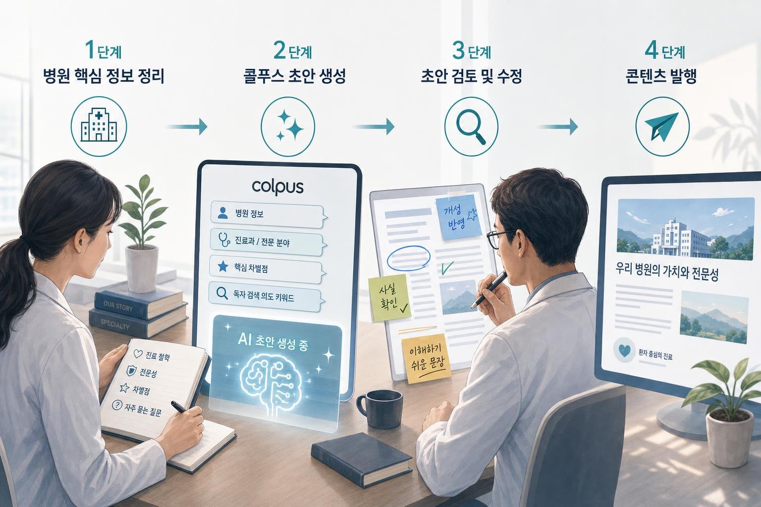 AI 콘텐츠 제작 흐름도: 1. 병원 핵심 정보 정리 (진료 철학, 전문성, 차별점), 2. 콜푸스에 상세 정보 입력 및 초안 생성, 3. 초안 검토 및 수정 (개성, 정확성, 가독성), 4. 최종 콘텐츠 발행
