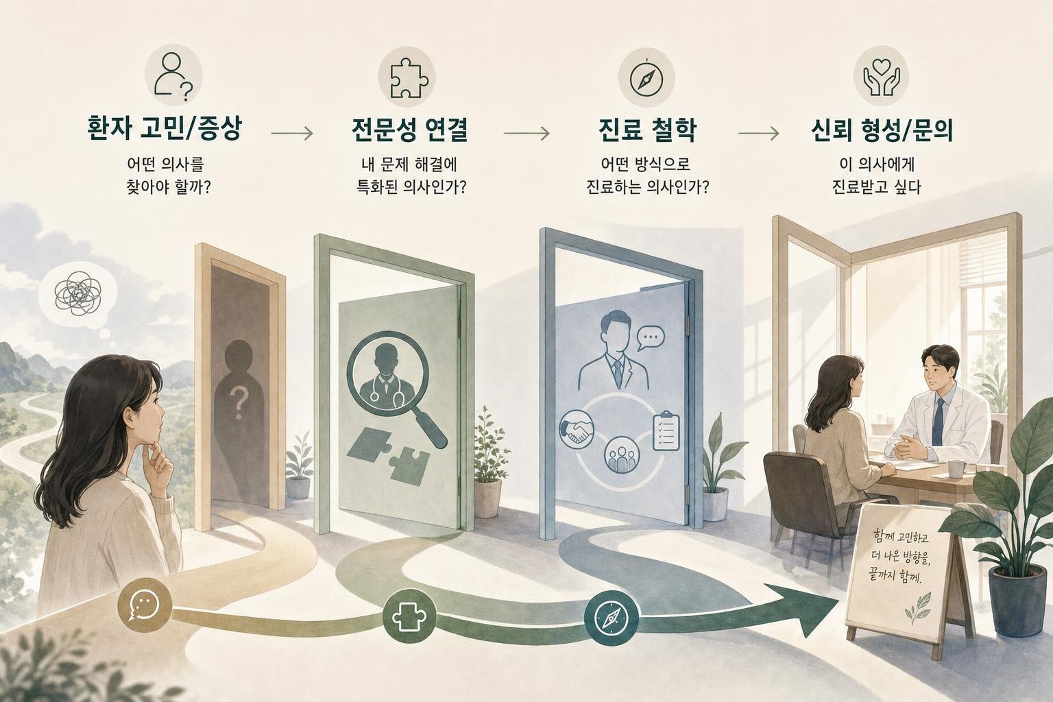 환자가 의료진 소개 글을 통해 신뢰를 형성하는 흐름을 보여주는 도표. '환자 고민/증상'에서 시작하여 '의료진 전문성 연결'과 '구체적인 진료 철학'을 거쳐 '신뢰 형성 및 문의'로 이어진다.