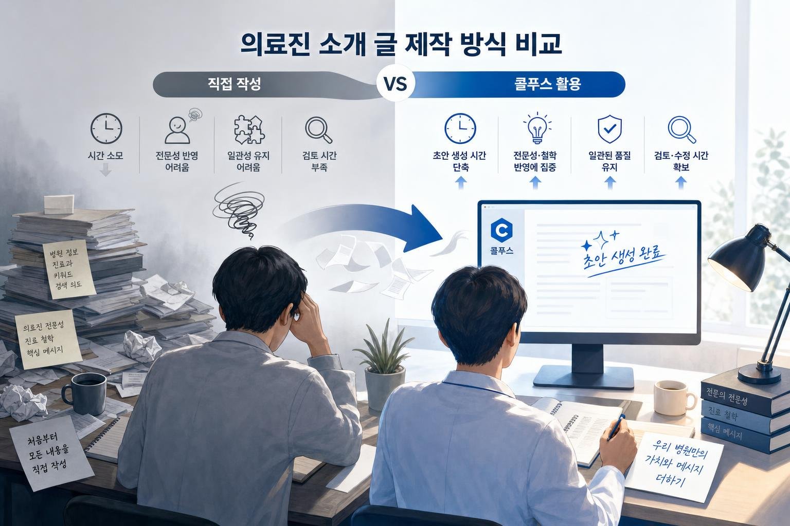 의료진 소개 글을 직접 작성하는 방식과 콜푸스를 활용하는 방식의 장단점을 비교하는 도표. 시간, 전문성 반영, 일관성, 검토 시간 기준을 보여준다.