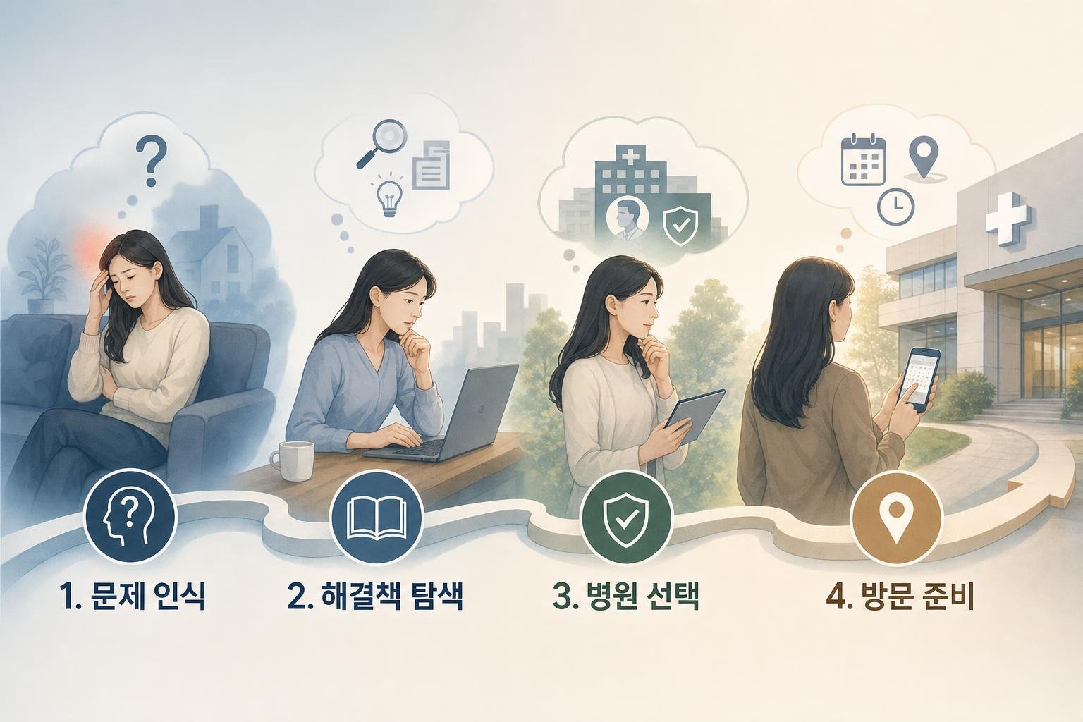 초진 환자가 병원 방문 전 정보를 탐색하는 4단계 흐름도: 1. 증상 인지 및 문제 인식, 2. 해결책 탐색, 3. 병원 선택, 4. 방문 준비.
