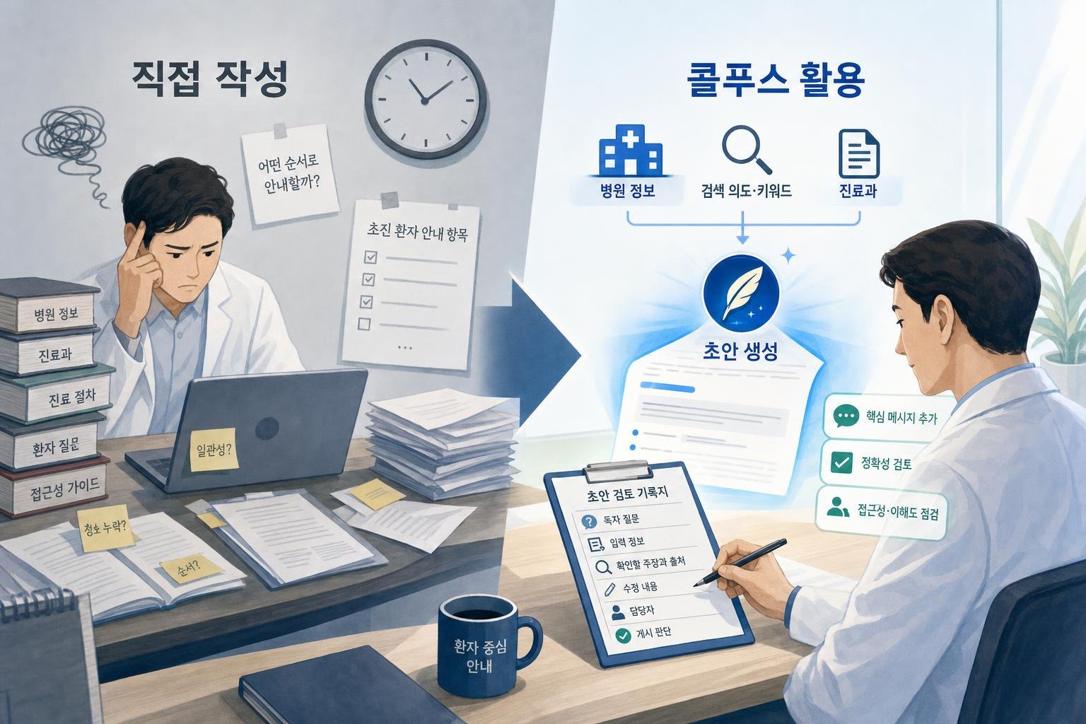 초진 환자 안내 콘텐츠를 직접 작성하는 방식과 콜푸스를 활용하는 방식의 비교 도표. 직접 작성은 시간 소모 크고 일관성 유지 어려움, 콜푸스 활용은 초안 생성 시간 단축 및 검토 집중 가능.