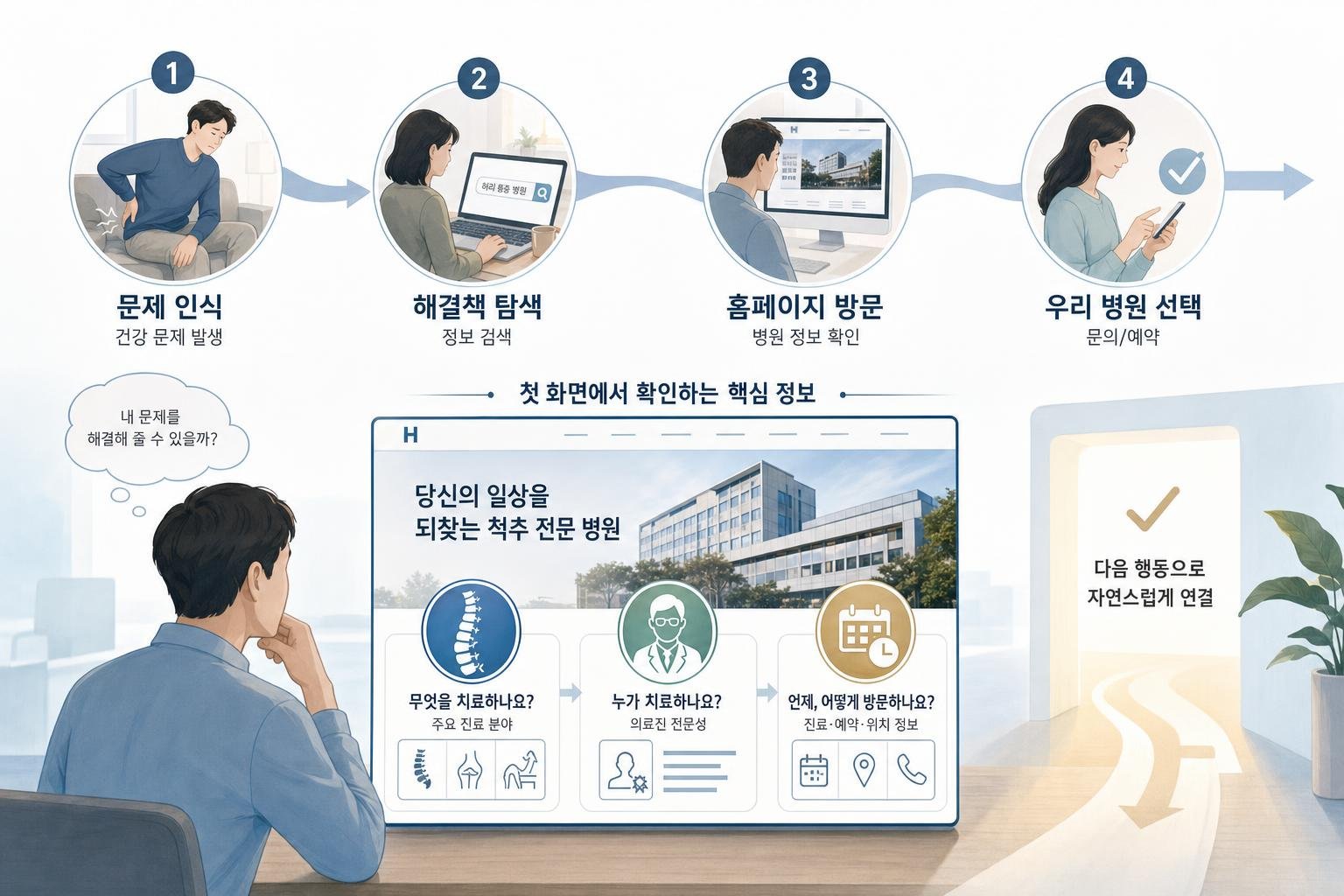 병원 홈페이지 방문 독자가 '내 문제 해결 가능성'을 확인하고 '우리 병원 선택'으로 이어지는 흐름도. '문제 인식'에서 시작하여 '해결책 탐색(검색)' 후 '홈페이지 방문'으로 이어진다. 홈페이지 방문 시 '핵심 정보 확인(무엇을, 누가, 언제/어떻게)'을 통해 '우리 병원 선택' 결정을 내리고 '문의/예약'으로 연결된다.