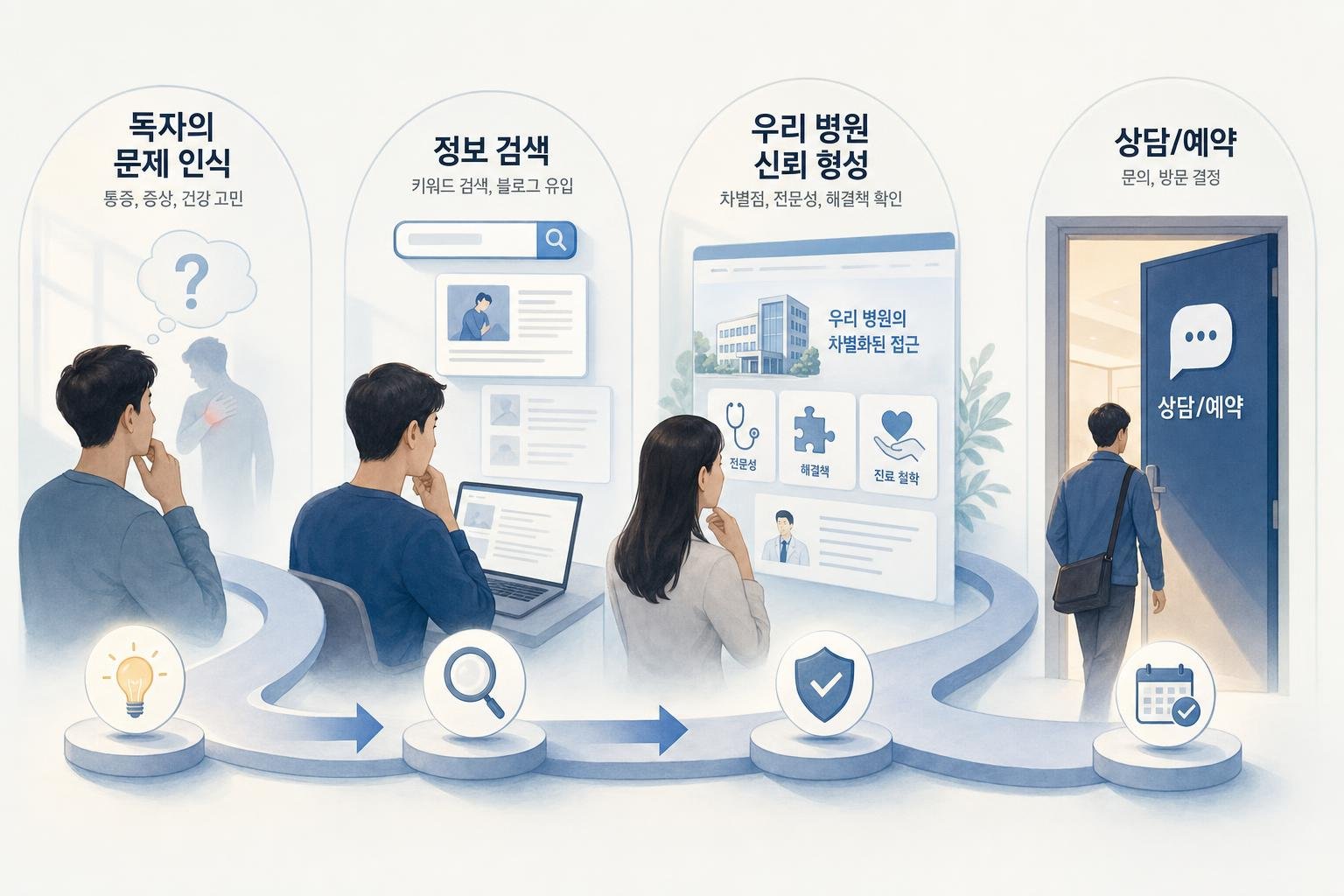 독자의 문제 인식에서 시작하여 검색, 정보 획득, 병원 신뢰 형성, 그리고 상담/예약으로 이어지는 흐름도. 각 단계에서 콘텐츠의 역할이 설명되어 있다.