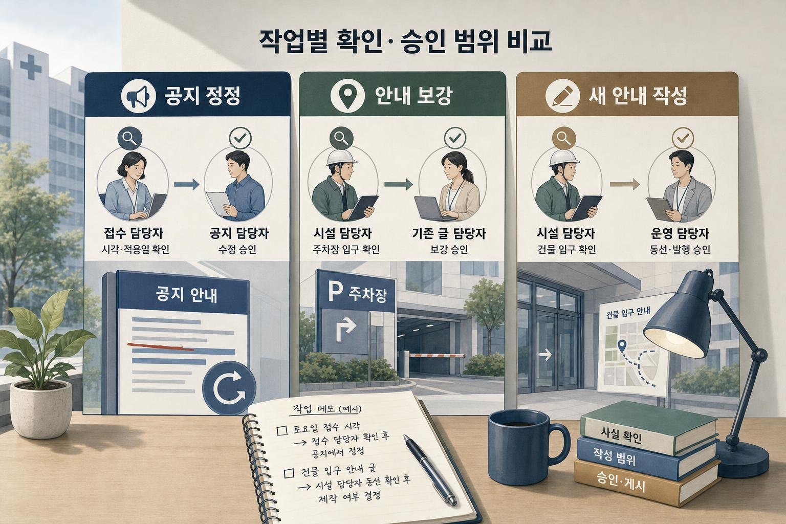 공지 정정, 방문 안내 보강, 새 안내 작성에 필요한 사실 확인 담당자와 수정·발행 승인 범위를 나란히 비교한 도식입니다.