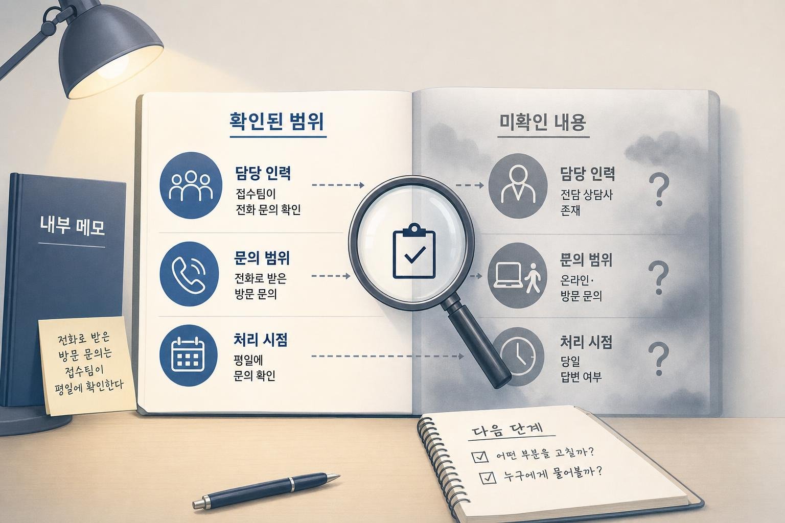 가상 AI 초안의 담당 인력, 문의 범위, 처리 시점별로 내부 메모에서 확인된 내용과 아직 확인하지 못한 내용을 나란히 비교한 도식