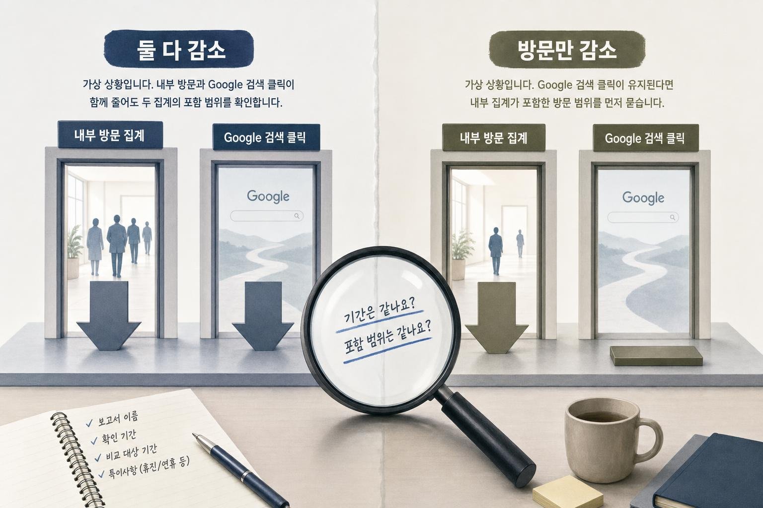 가상의 내부 방문 집계와 Google 검색 클릭을 나란히 놓고, 둘 다 줄었을 때와 내부 방문만 줄었을 때의 확인 질문을 비교합니다.