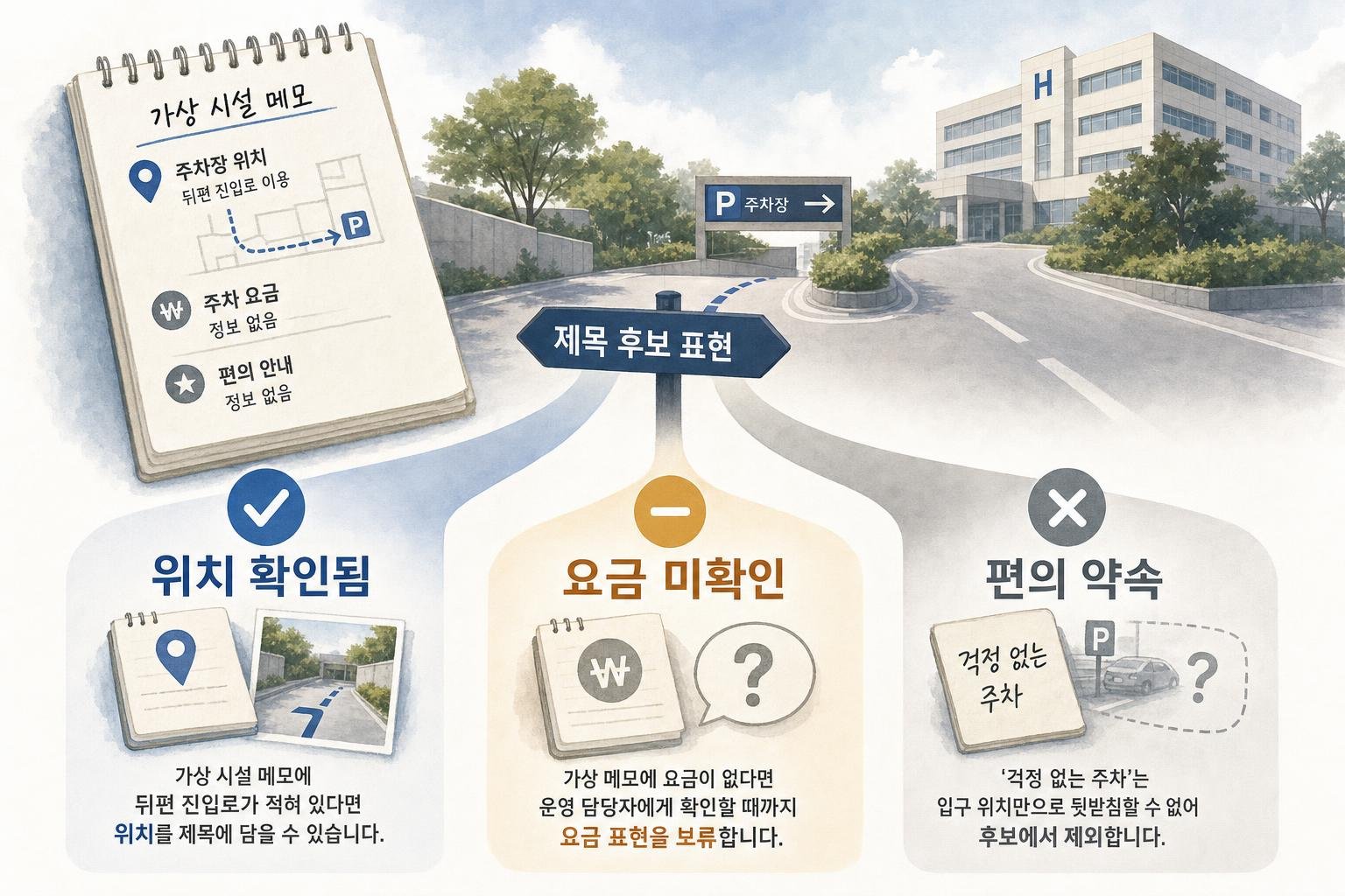 가상의 방문 안내에서 주차장 위치는 확인됐고 요금은 미확인인 경우, 위치·요금·편의 표현을 각각 어떻게 처리할지 비교합니다.