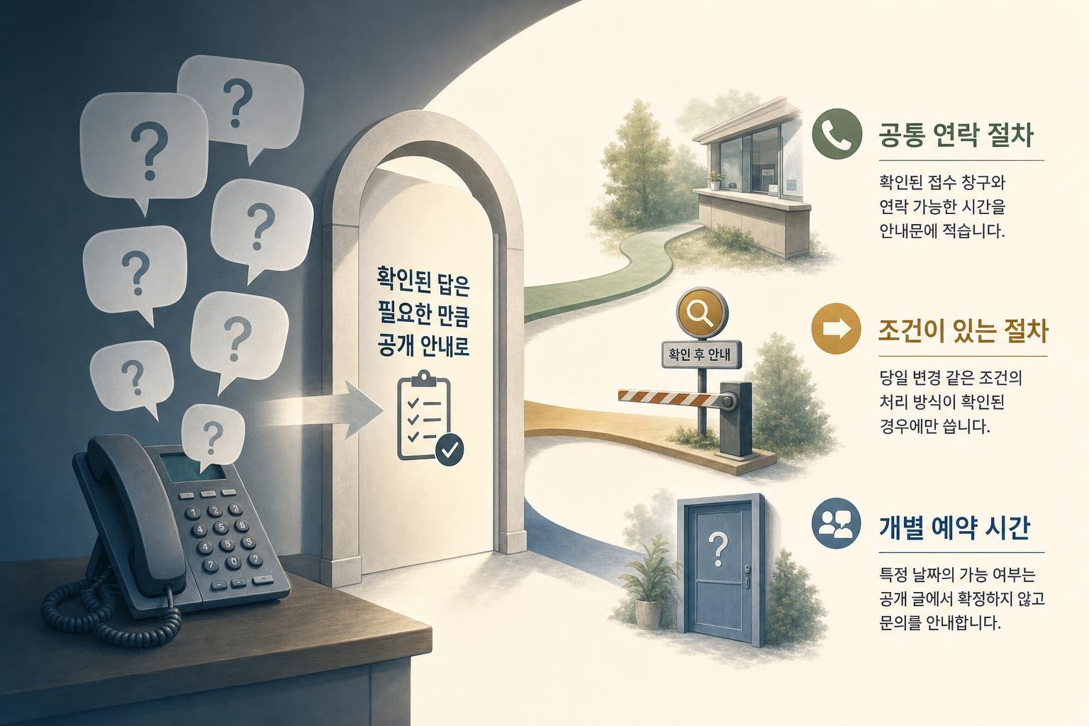 공통 연락 절차는 공개하고, 조건이 있는 절차는 확인 뒤 안내하며, 개인별 예약 가능 시간은 개별 문의로 남기는 비교 도식