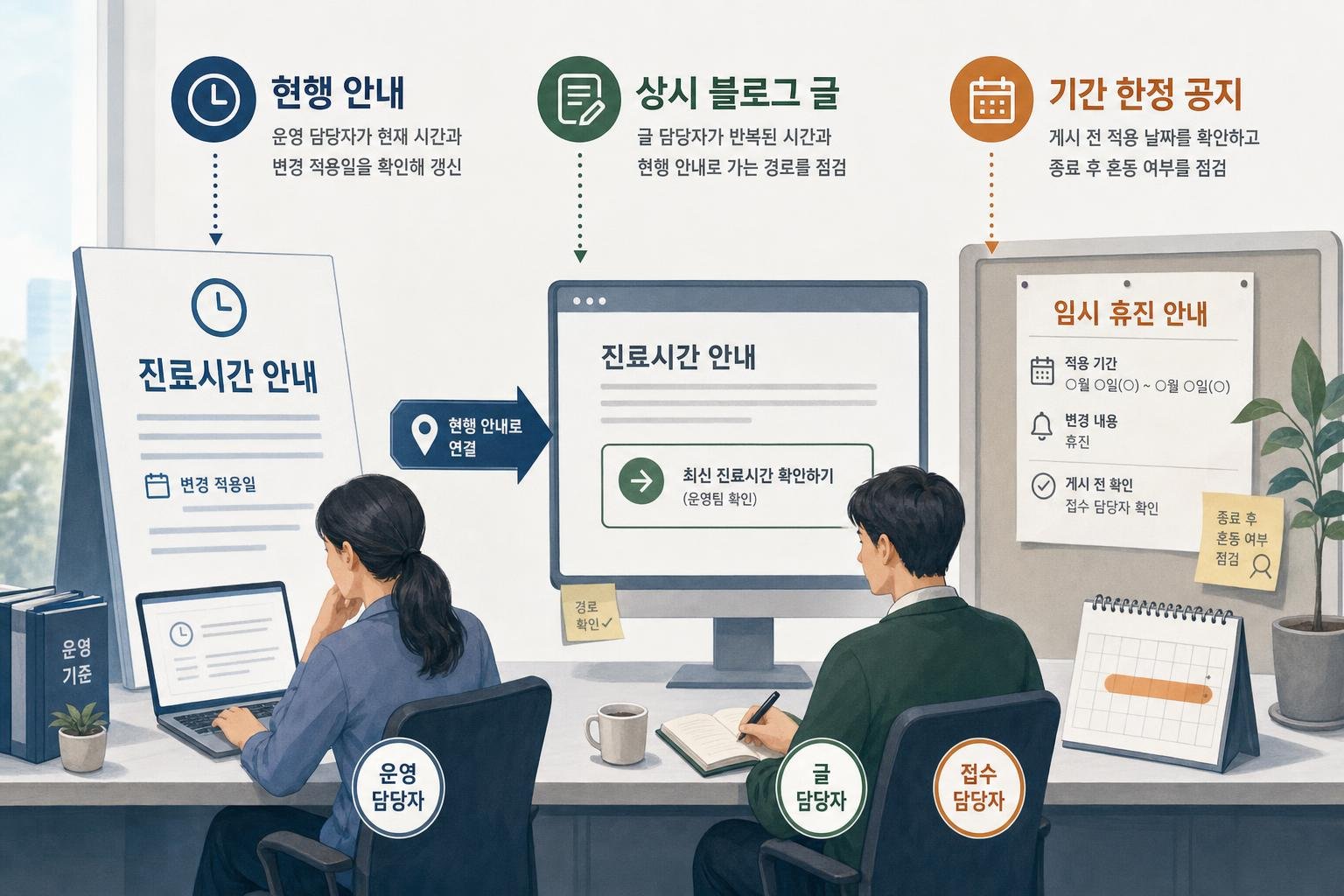 현행 진료시간 안내, 상시 블로그 글, 기간이 정해진 공지를 나란히 놓고 각각 누가 무엇을 확인해야 하는지 비교한 도식