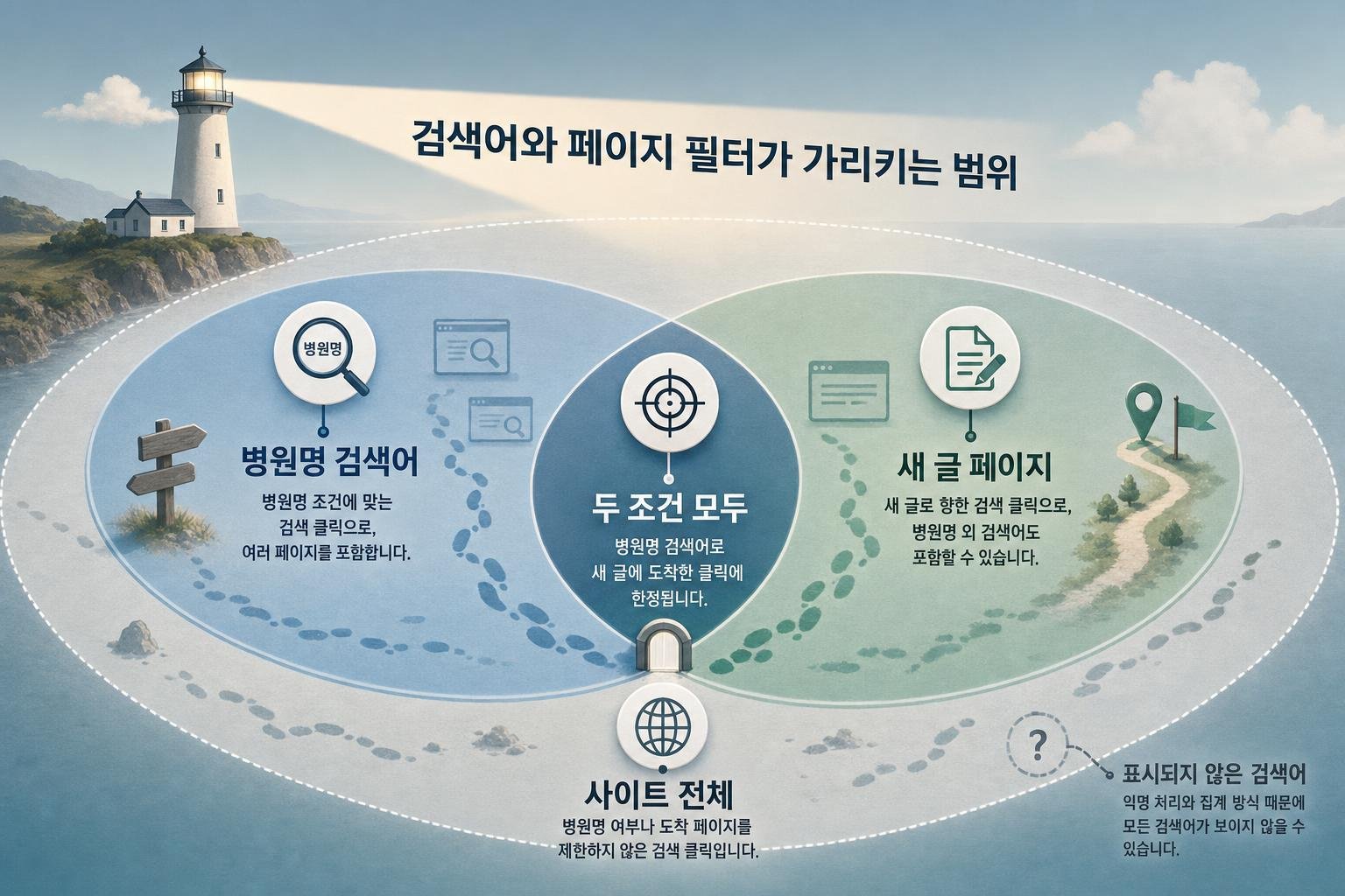 사이트 전체 클릭, 병원명 검색어 클릭, 새 글 페이지 클릭, 두 조건에 모두 해당하는 클릭을 비교해 숫자의 포함 관계를 설명한 도식