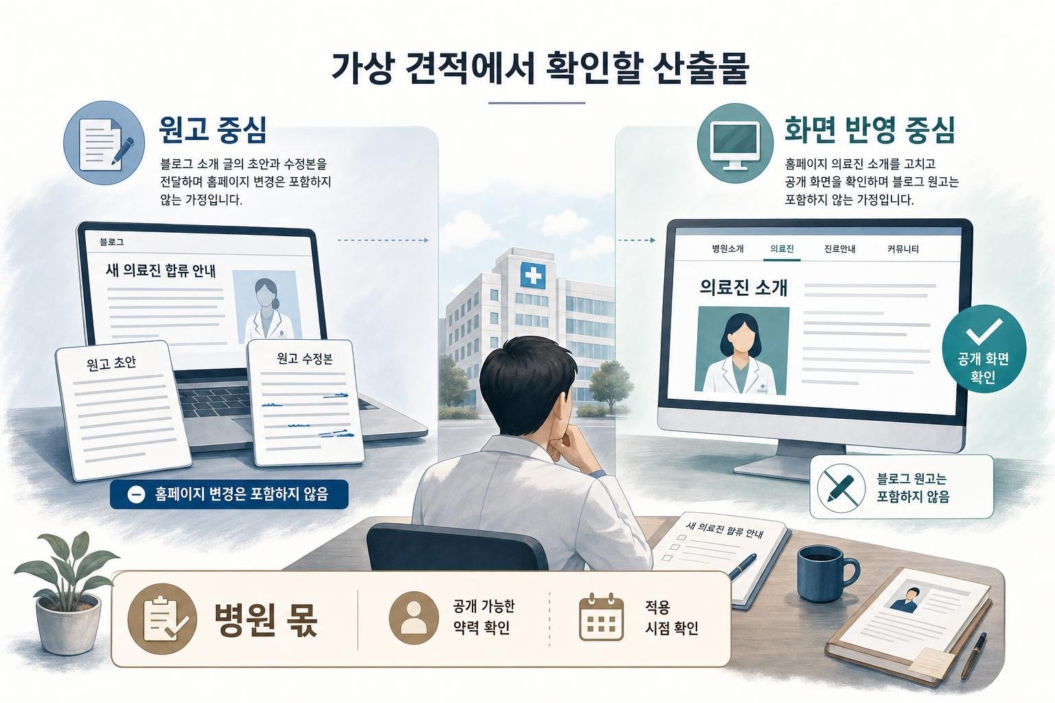 새 의료진 합류 안내를 맡긴다는 가정에서 블로그 원고 중심 제안과 홈페이지 반영 중심 제안의 포함 작업을 나란히 보여준다.