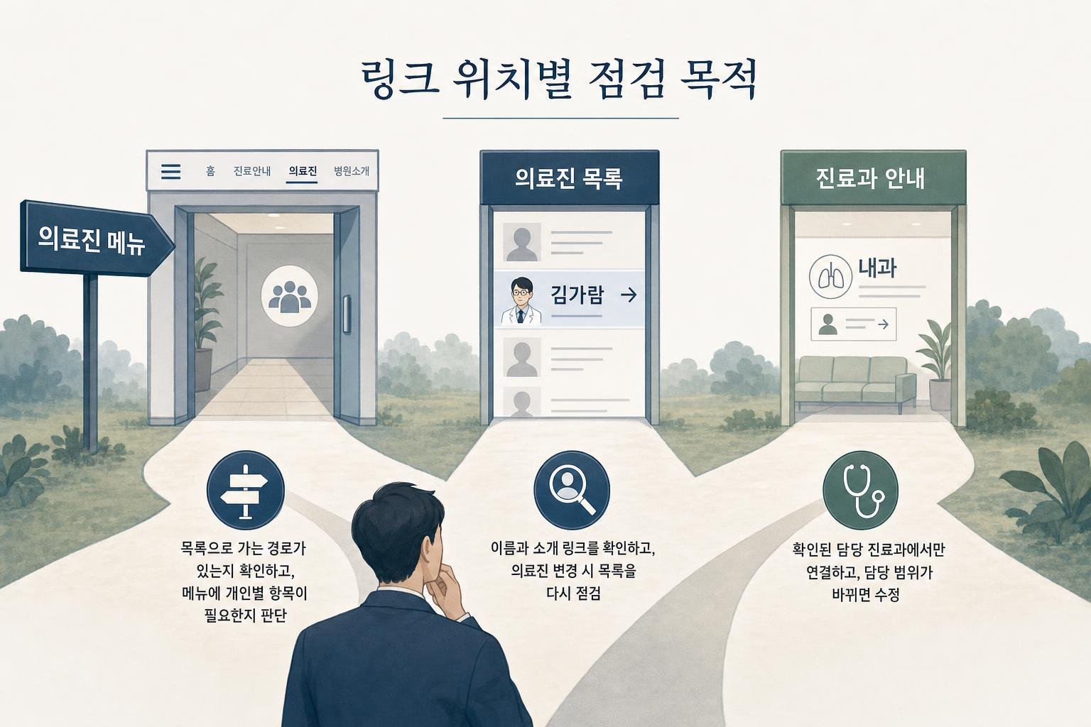 의료진 메뉴는 목록 접근 경로, 의료진 목록은 이름 검색 경로, 진료과 안내는 담당 진료과 확인 경로로 나누고 각 위치의 변경 점검 대상을 비교한 도식