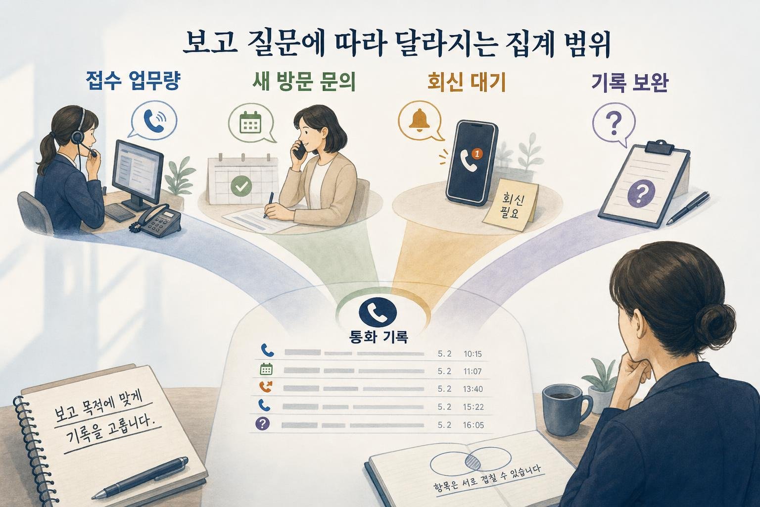 접수 업무량, 확인된 새 방문 문의, 회신 대기, 기록 보완이라는 네 가지 보고 질문에 각각 어떤 전화 기록을 사용할지 비교한 자체 설명 도식입니다.