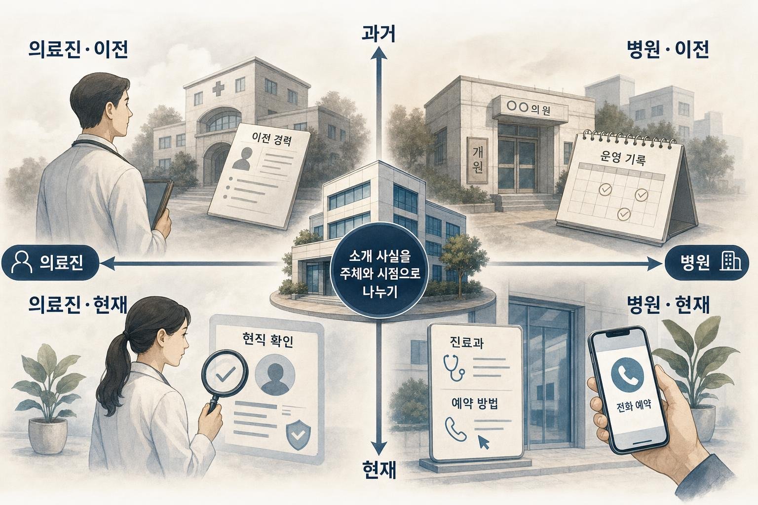 의료진과 병원이라는 주체, 과거와 현재라는 시점을 교차해 소개 문장에 쓸 사실의 범위를 비교한 자체 도식입니다.