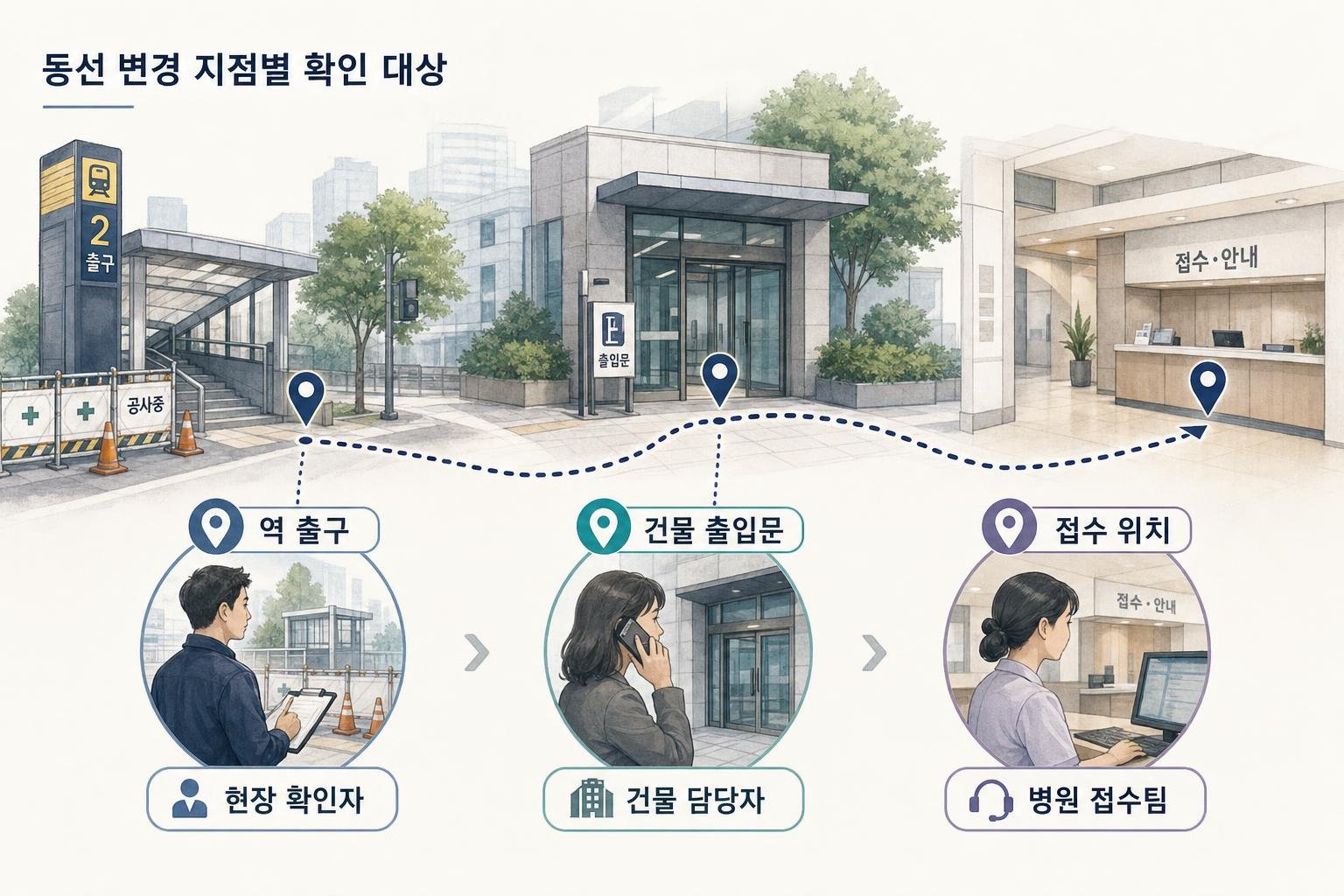 역 출구, 건물 출입문, 접수 위치가 바뀌었을 때 각각 현장 확인자, 건물 담당자, 병원 접수팀에 확인하는 가상 업무 분담 비교