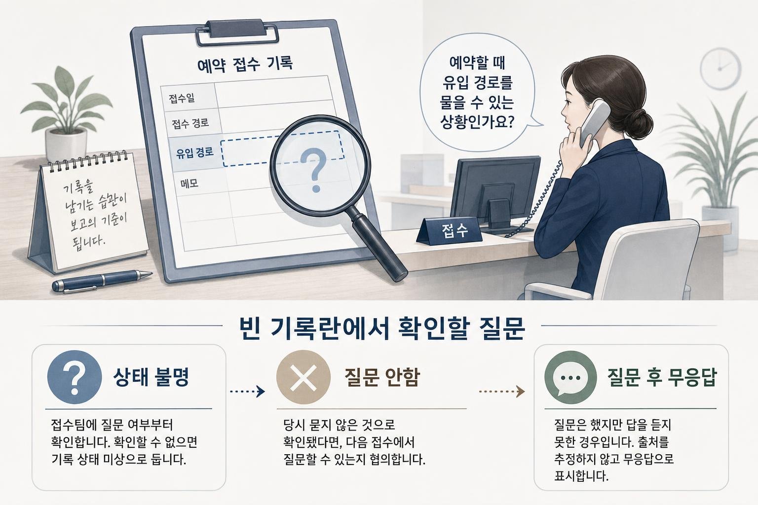 유입 경로 기록란이 비었을 때 질문 여부가 불명확한 경우, 질문하지 않은 경우, 질문했으나 답이 없는 경우를 구분해 다음 확인 대상을 비교한 도식