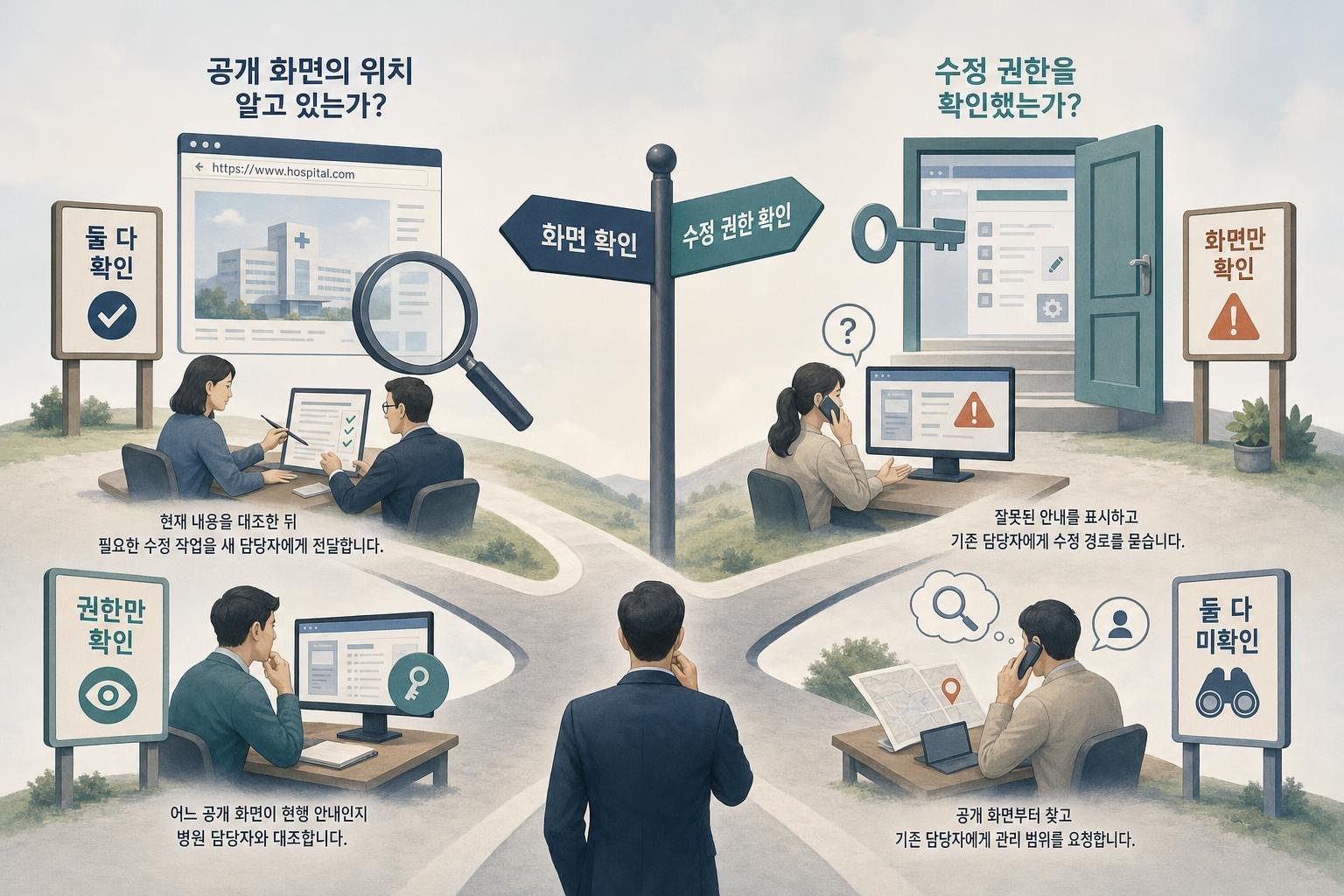 공개 화면의 위치를 아는지와 수정 권한을 확인했는지를 교차해, 대행사 교체 중 우선할 작업을 비교한 도식입니다.