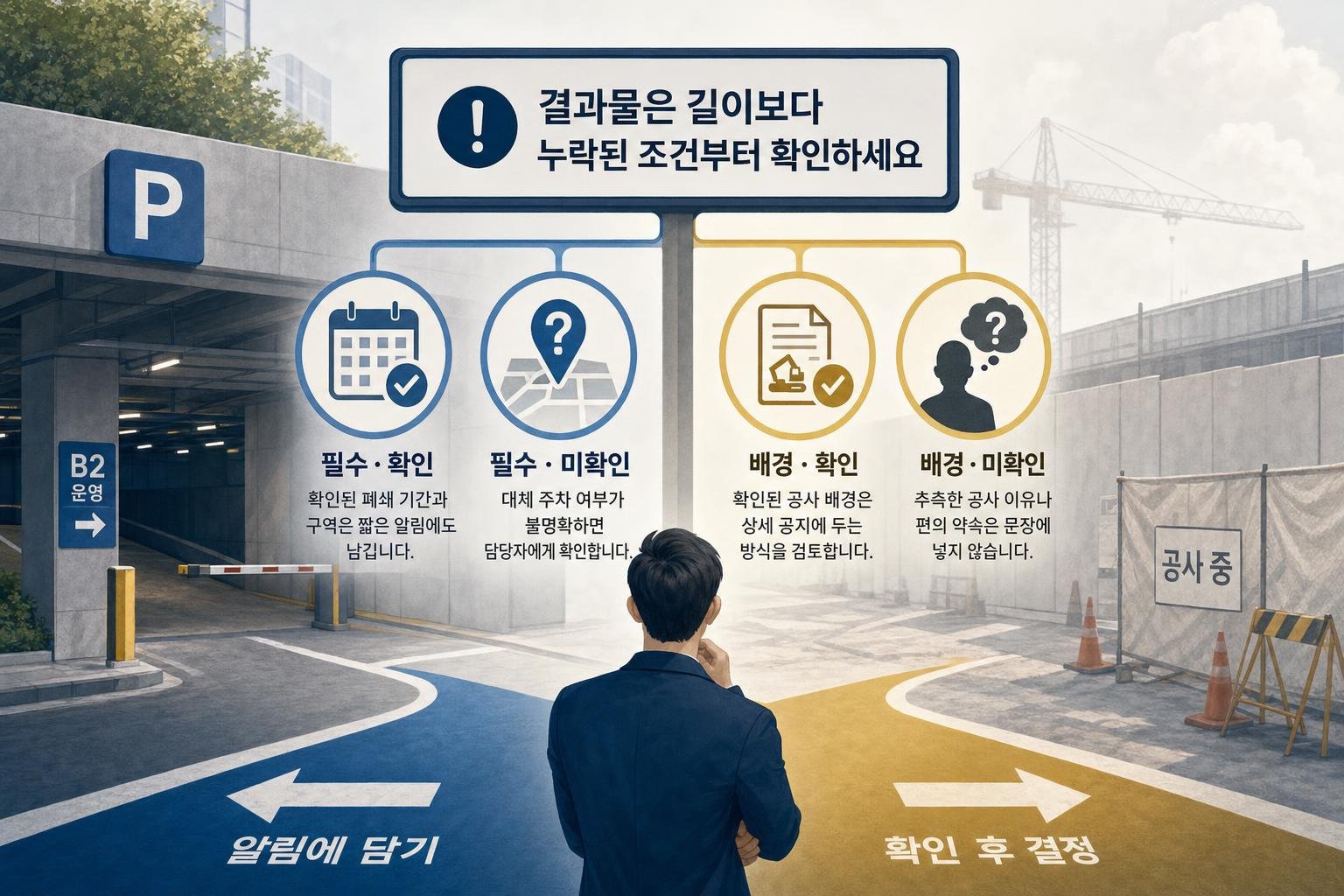 주차 안내의 각 정보를 방문 결정에 필요한지와 현재 확인됐는지로 나눠, 짧은 알림에 넣거나 확인을 보류할 대상을 비교한 도식입니다.