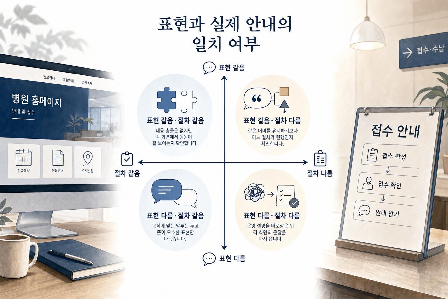 홈페이지와 현장 안내문의 표현이 같은지, 설명하는 실제 절차도 같은지를 별도로 비교한 도식