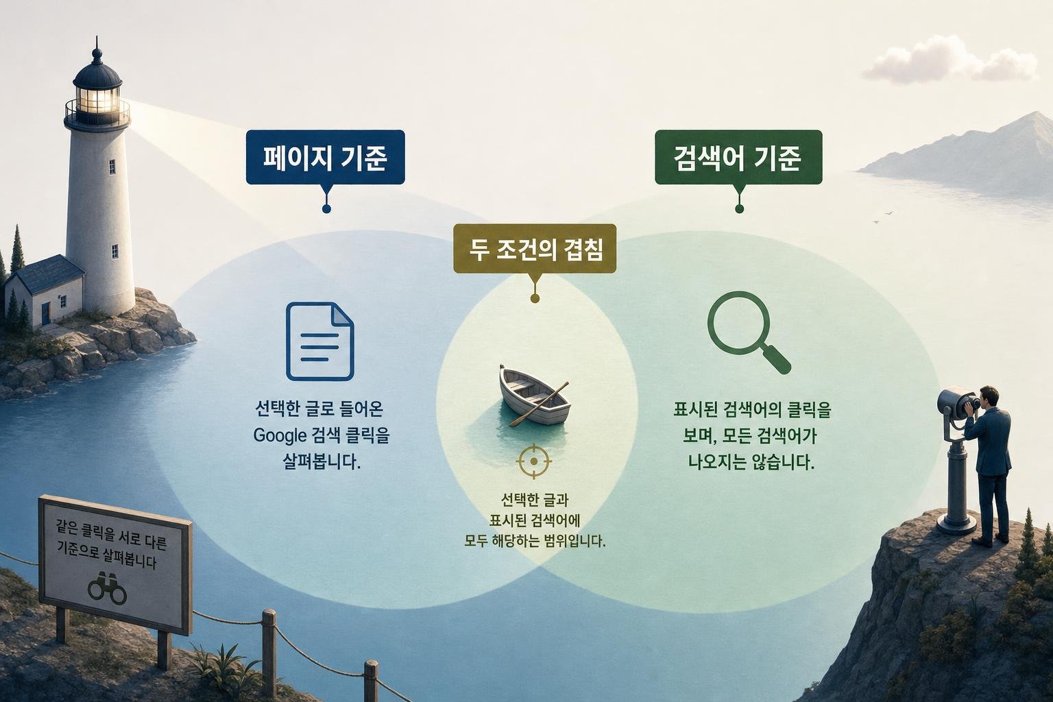 페이지 기준은 글로 들어온 Google 검색 클릭을, 검색어 기준은 표시된 검색어의 클릭을 보여준다. 두 조건을 함께 보면 겹치는 범위만 확인한다.