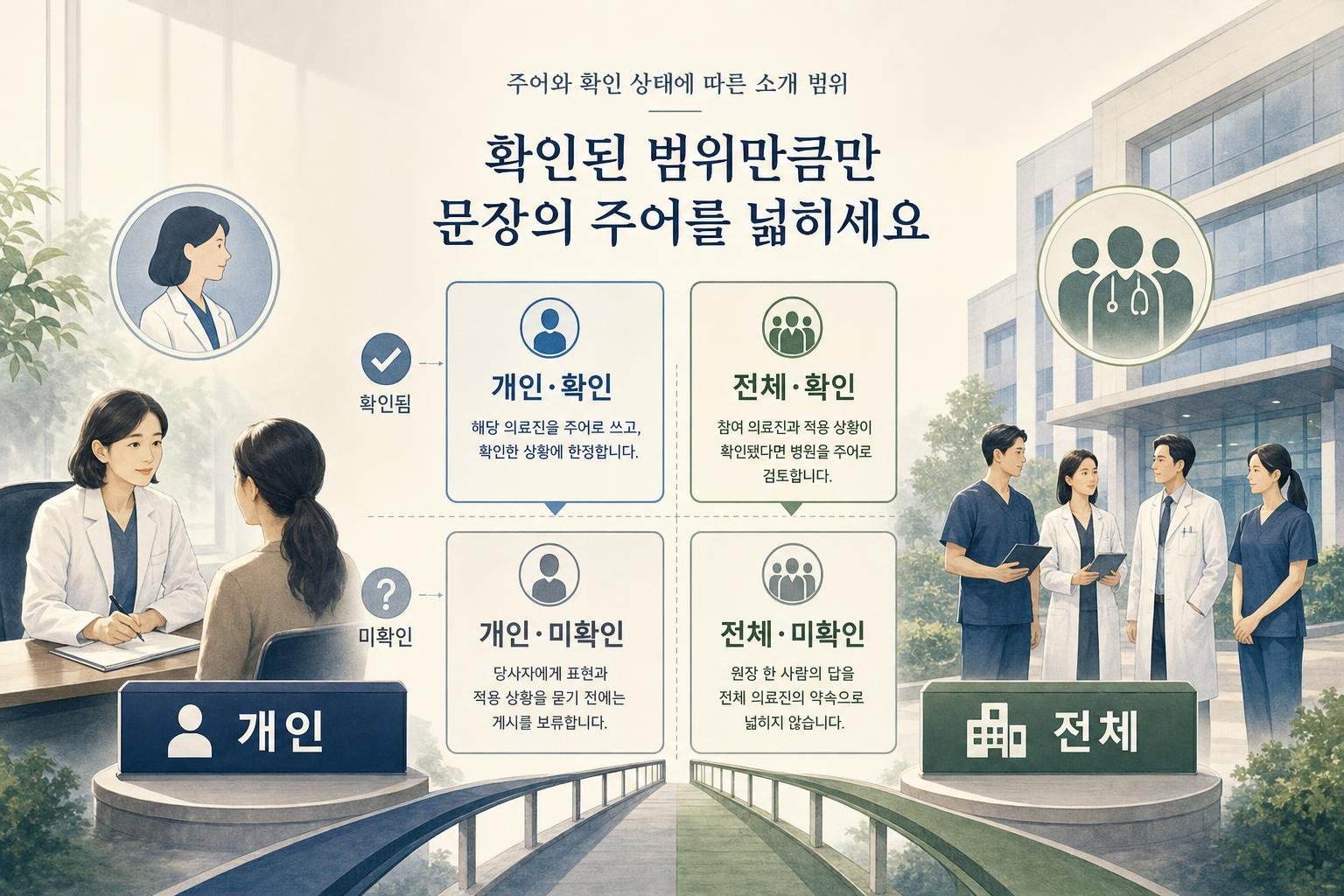원장 개인과 의료진 전체라는 적용 대상에 확인 여부를 교차해, 소개 문장에 쓸 수 있는 주어와 보류할 표현을 구분한 도식입니다.