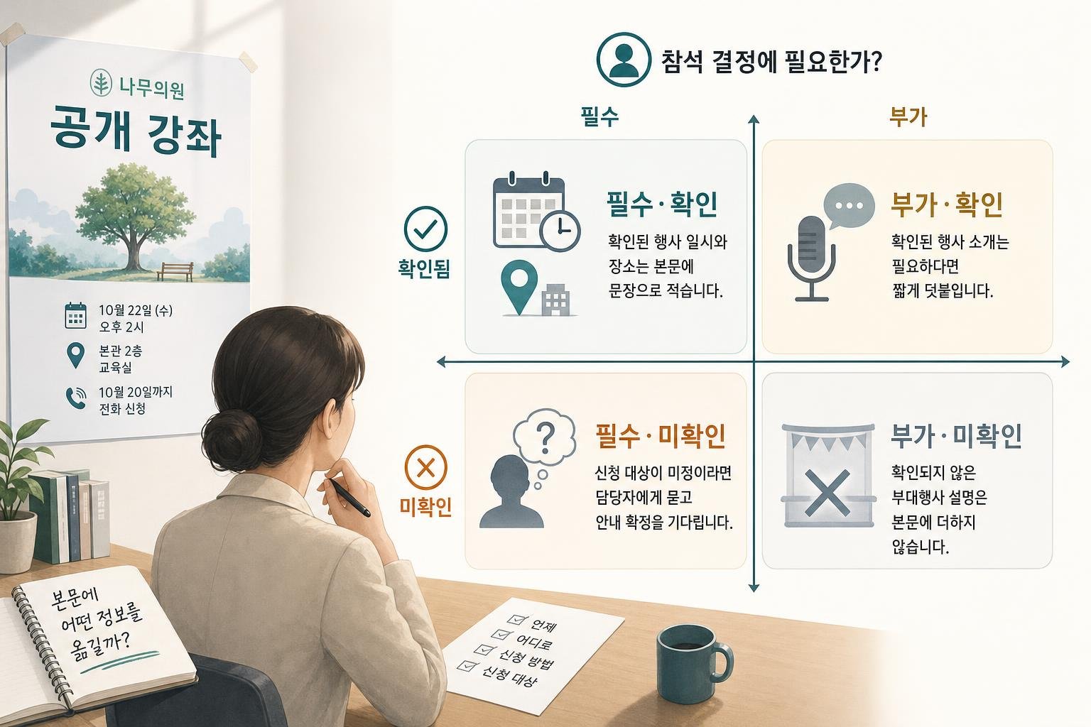 정보가 참석 결정에 필요한지와 담당자에게 확인됐는지를 교차해, 본문에 적거나 확인을 기다리거나 생략할 정보를 구분한 도식