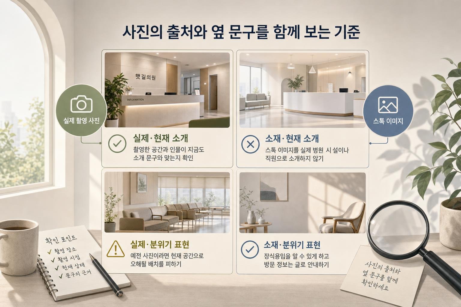 실제 촬영 사진과 스톡 이미지를 각각 현재 병원 소개 또는 분위기 표현에 쓸 때 확인할 점을 비교한 자체 설명 도식입니다.