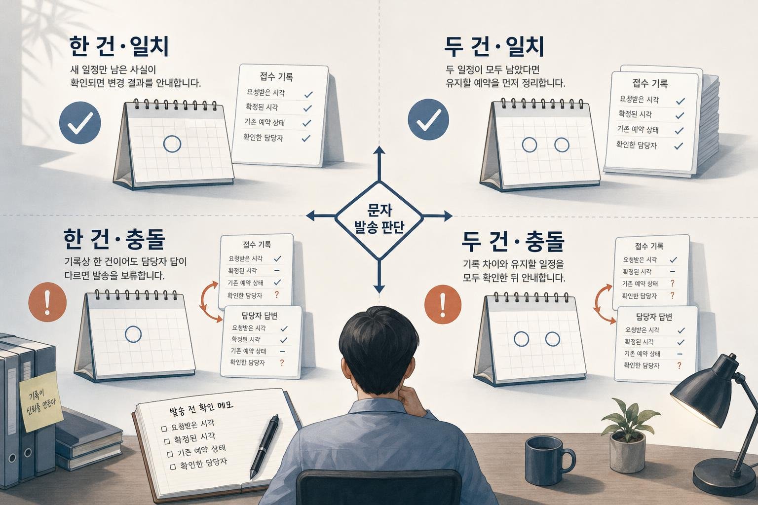접수 기록과 담당자 답변의 일치 여부, 기록상 남은 예약이 한 건인지 두 건인지를 교차해 문자 발송 판단이 달라짐을 보여주는 가상 도식