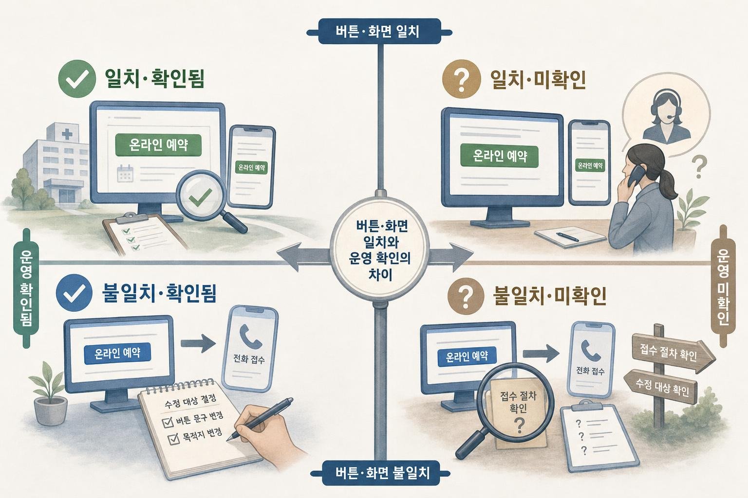 버튼 문구와 도착 화면의 일치 여부, 접수팀의 운영 확인 여부를 교차해 수정 또는 확인이 필요한 상태를 구분한 설명 도식입니다.