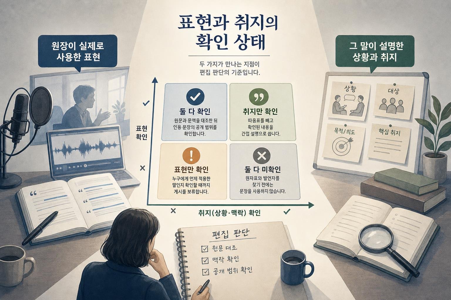 원장의 실제 표현과 발언 취지가 각각 확인됐는지 교차해 직접 인용, 간접 설명, 게시 보류를 구분한 편집 도식입니다.